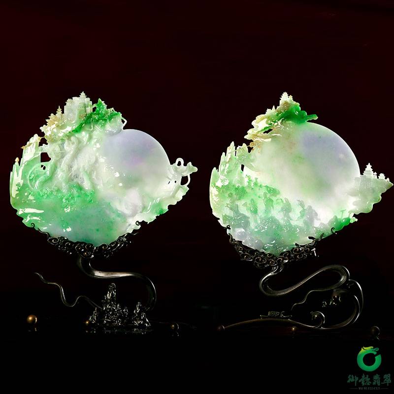 "玉龙奖"铜奖 付雪飞工作室 重1823克（一对）缅甸翡翠紫罗兰摆件 太平盛世