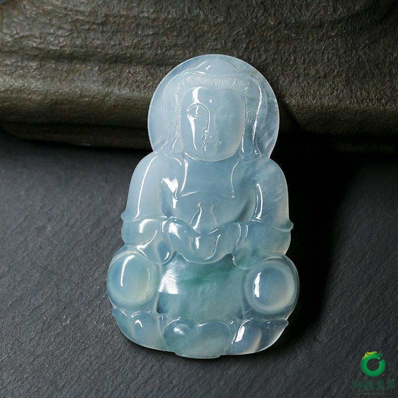 缅甸翡翠A货冰种晴水略带飘翠挂件 托瓶观音 33克