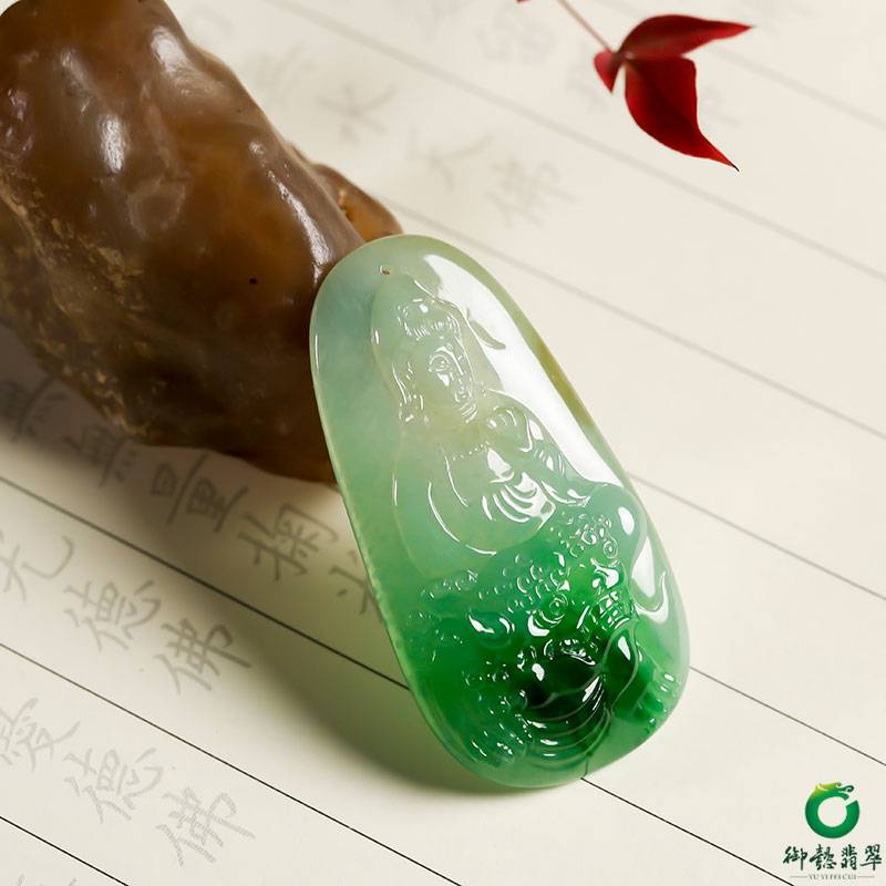 翡翠A货糯冰种飘绿 文殊玉牌 12.9克