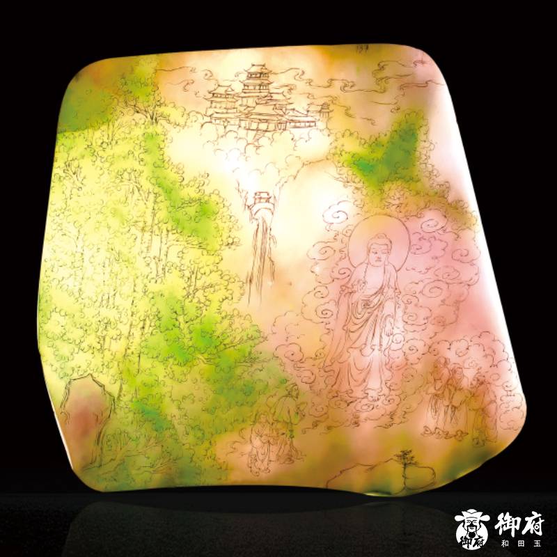 付雪飞工作室 缅甸翡翠 翡翠老坑水润春带彩大师精工 释迦如来应化事迹图 翡翠套牌 图片4