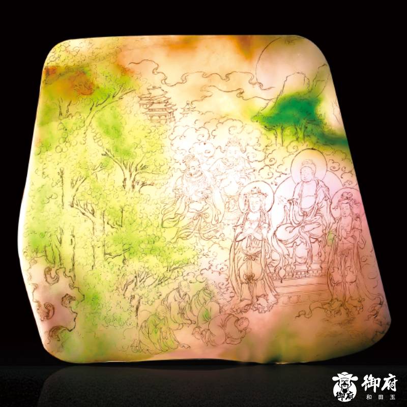 付雪飞工作室 缅甸翡翠 翡翠老坑水润春带彩大师精工 释迦如来应化事迹图 翡翠套牌