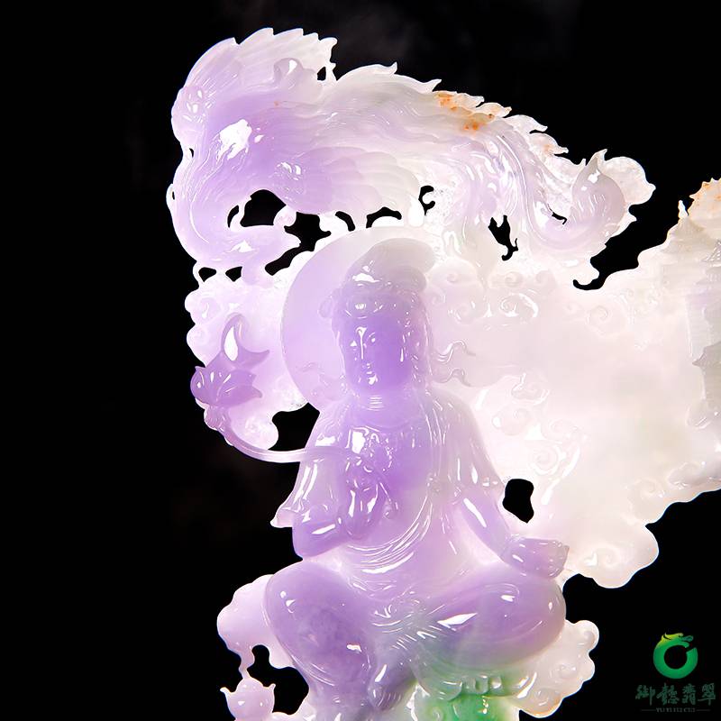 缅甸天然A货翡翠糯冰种春带彩摆件（一对） 龙凤观音 767.6克 图片8