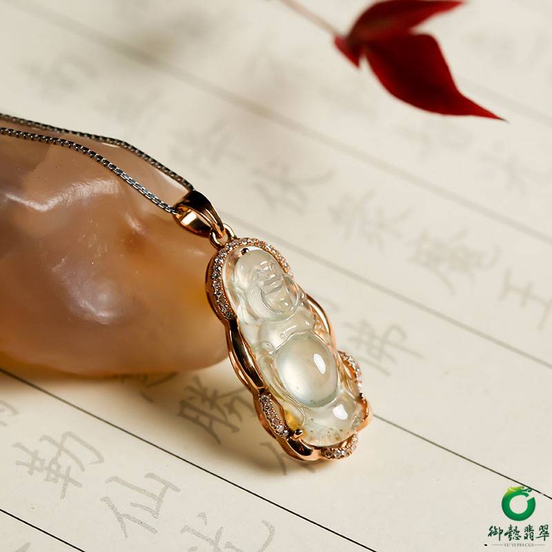 缅甸18K金镶嵌冰种翡翠 挂件 弥勒4.5g 图片5