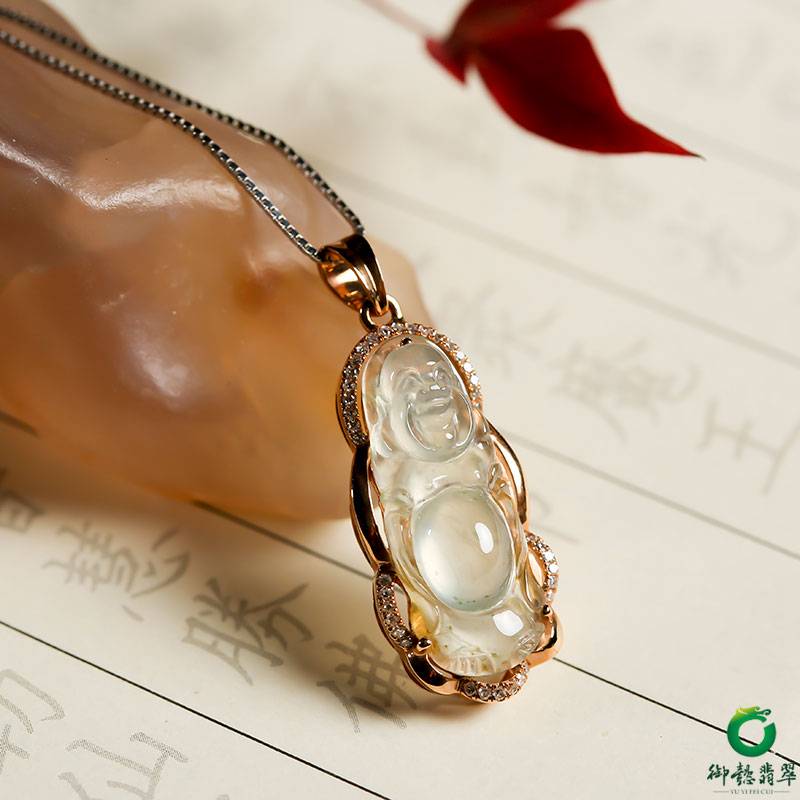 缅甸18K金镶嵌冰种翡翠 挂件 弥勒4.5g 图片4