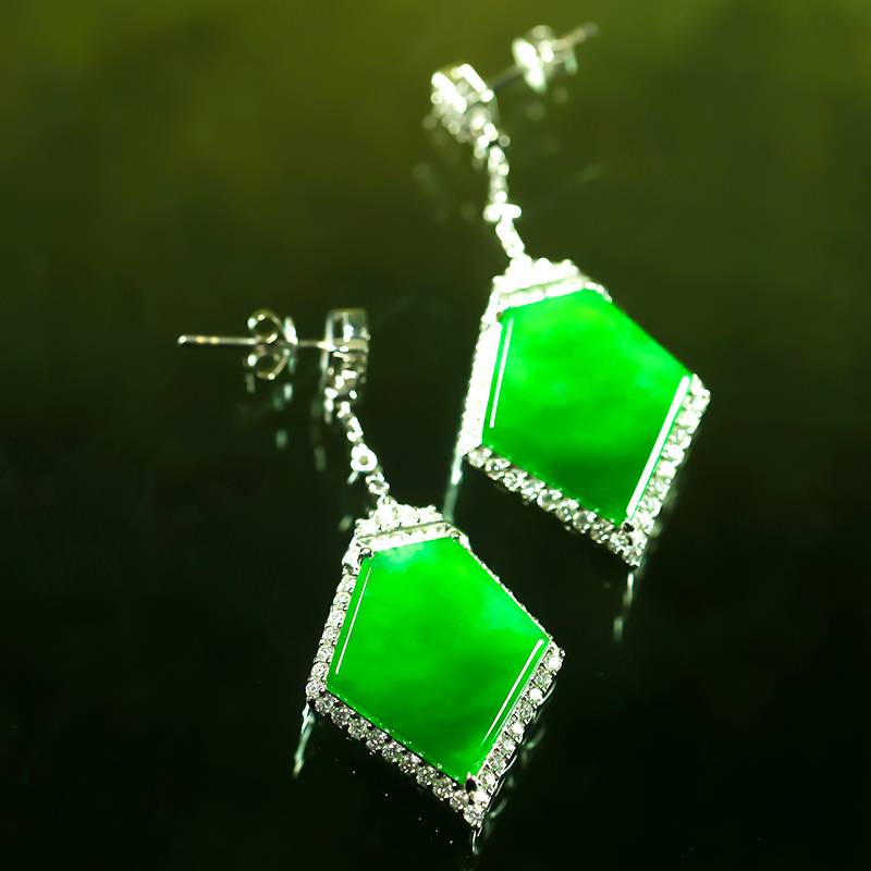 冰种满绿翡翠18K金镶钻 耳坠 11.4克 图片5