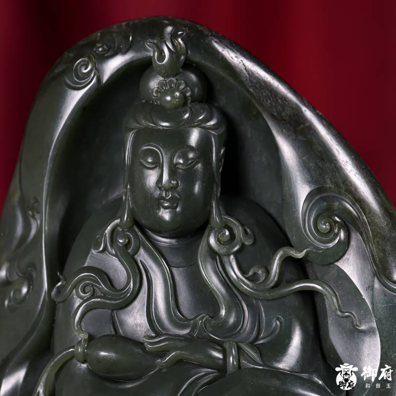 新疆和田玉原毛孔皮青玉籽玉摆件 净瓶观音 1207克 图片3